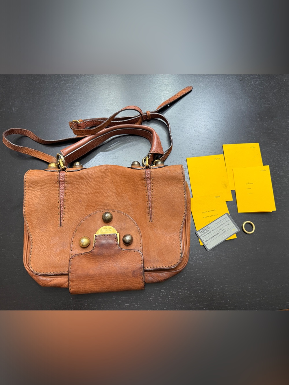 Fendi Selleria, Vintage Fendi Tan Leather Crossbody Bag with Brass Accents.